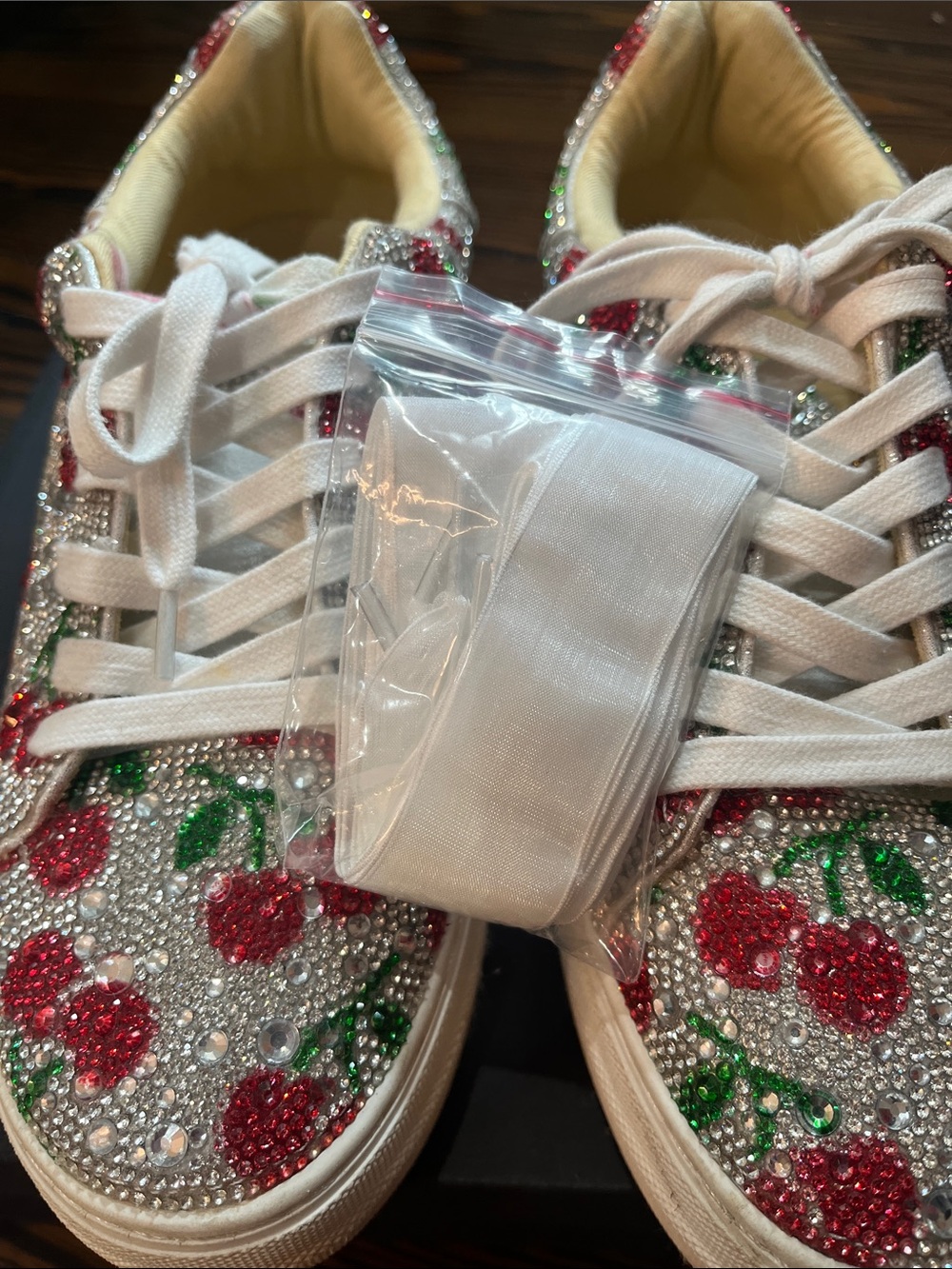 Betsey Johnson Crystal Cherry Embellished Sneakers - White/Red/Green - Picture 12 of 12